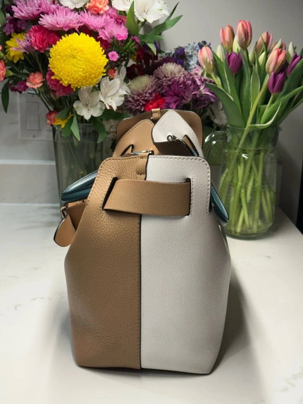 Burberry Tan White Leather Tote with Dark Green Handles